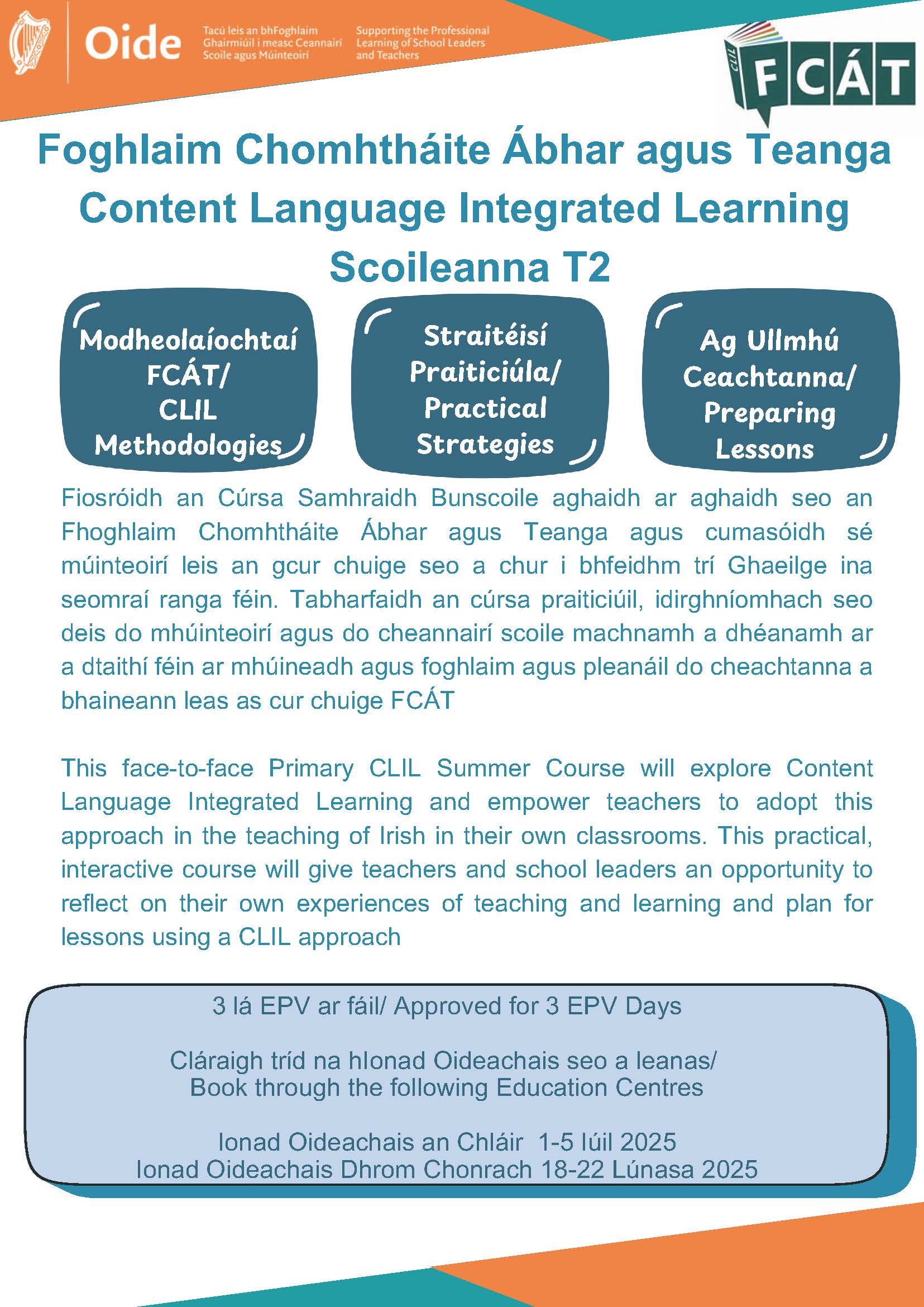 Bileog ar an gCúrsa Samhraidh CLIL Summer Course Flyer