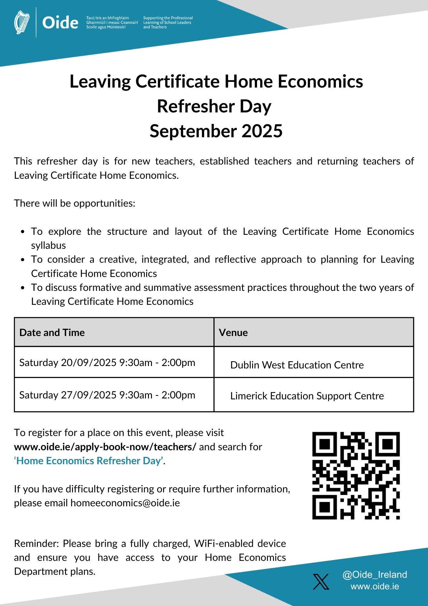 Home Economics Leaving Certificate Refresher Day Oide Flyer