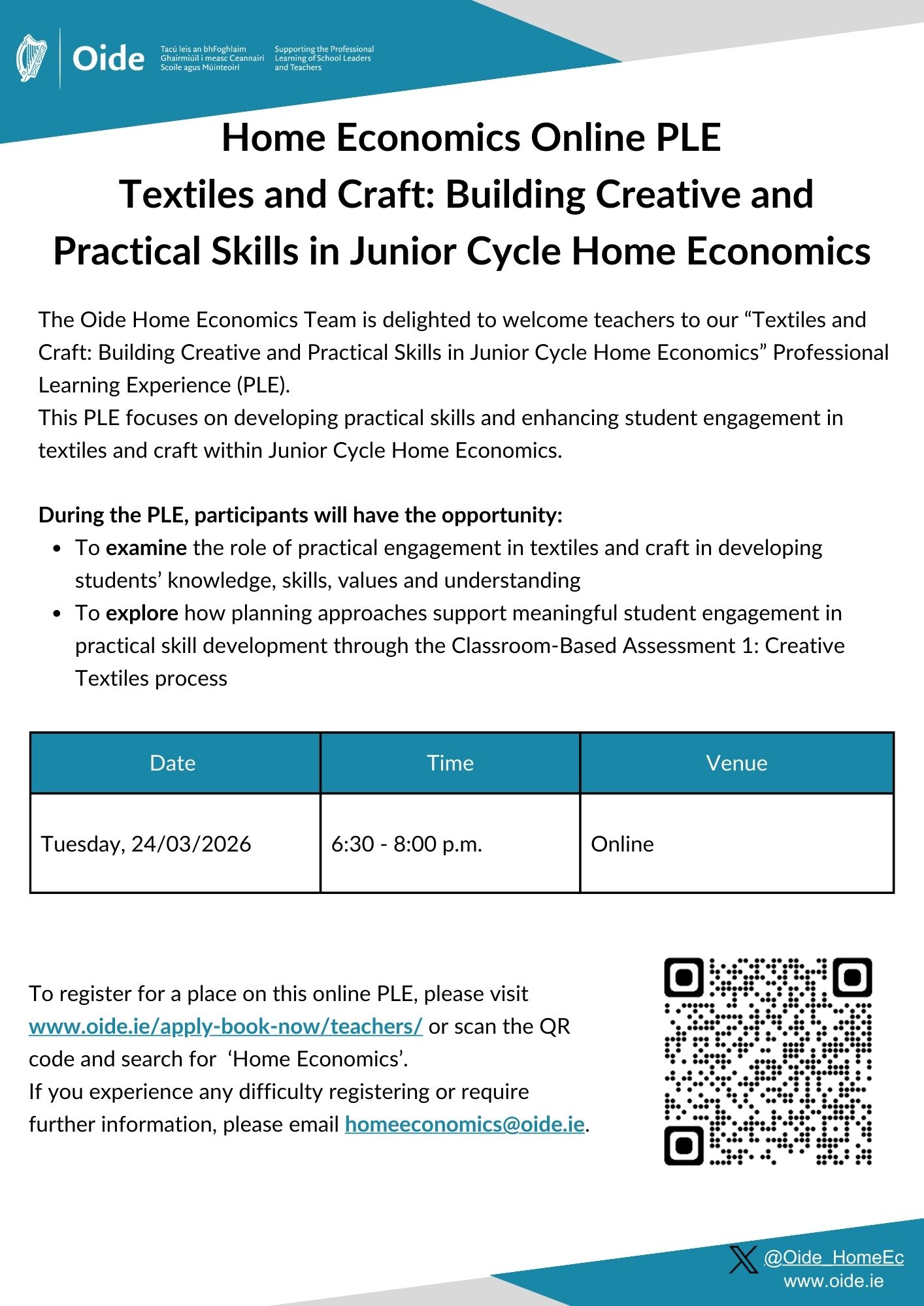 Textiles and Craft Building Creative and Practical Skills in Junior Cycle Home Economics Online PLE Flyer